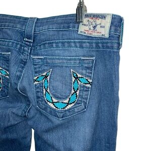 True Religion Skinny Jeans 32 Made USA Blue Turquoise Stitch Embroidered